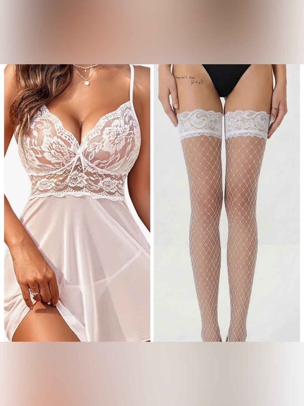 Women's Lace Chemise Nightdress with Fishnet Stockings - White